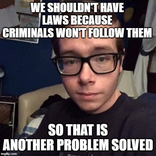 WE SHOULDN'T HAVE LAWS BECAUSE CRIMINALS WON'T FOLLOW THEM; SO THAT IS ANOTHER PROBLEM SOLVED | image tagged in nikolas lemini | made w/ Imgflip meme maker