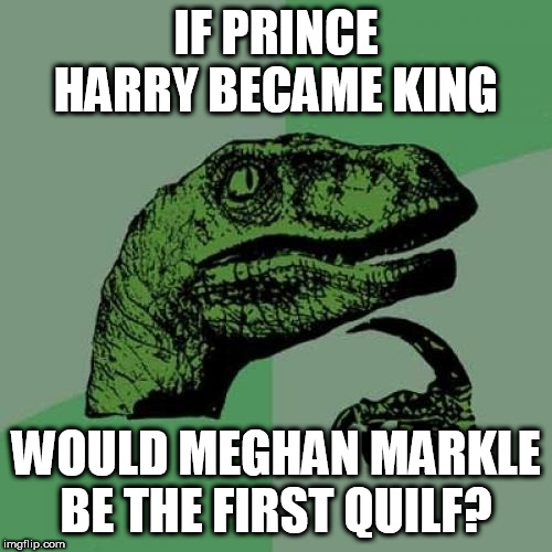 Philosoraptor Meme | IF PRINCE HARRY BECAME KING; WOULD MEGHAN MARKLE BE THE FIRST QUILF? | image tagged in memes,philosoraptor | made w/ Imgflip meme maker
