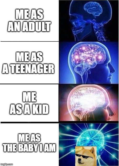 Expanding Brain Meme | ME AS AN ADULT; ME AS A TEENAGER; ME AS A KID; ME AS THE BABY I AM | image tagged in memes,expanding brain | made w/ Imgflip meme maker