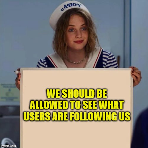 That'd be Great | WE SHOULD BE ALLOWED TO SEE WHAT USERS ARE FOLLOWING US | image tagged in robin stranger things meme,imgflip,followers,meanwhile on imgflip,imgflip users | made w/ Imgflip meme maker