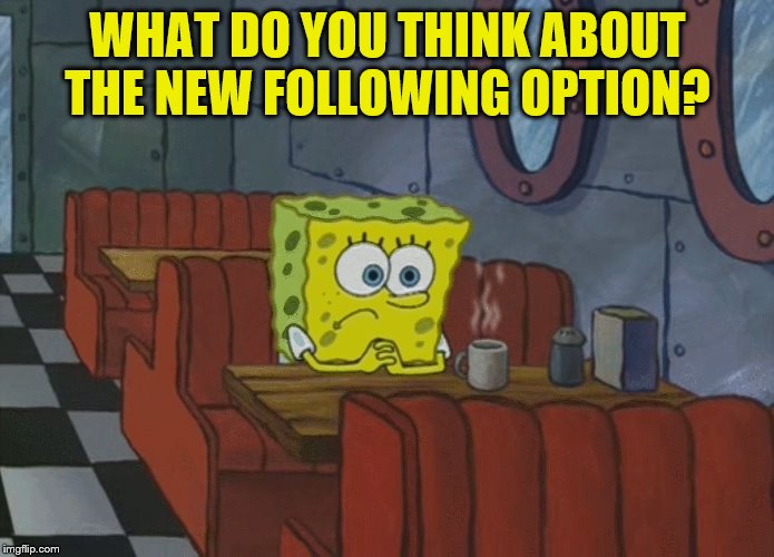 Spongebob Thinking | WHAT DO YOU THINK ABOUT THE NEW FOLLOWING OPTION? | image tagged in spongebob thinking | made w/ Imgflip meme maker