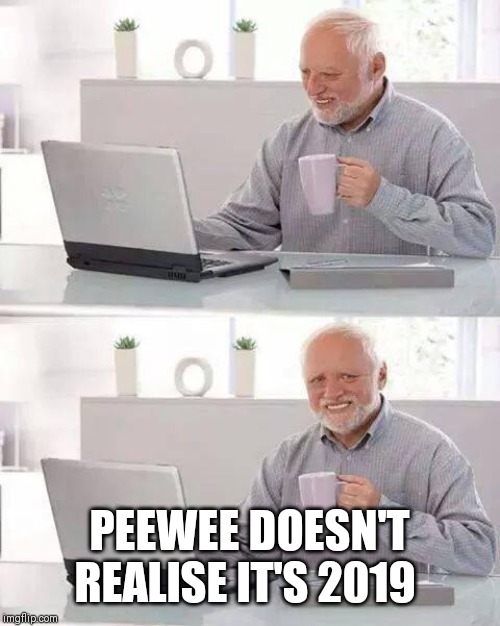 Hide the Pain Harold Meme | PEEWEE DOESN'T REALISE IT'S 2019 | image tagged in memes,hide the pain harold | made w/ Imgflip meme maker