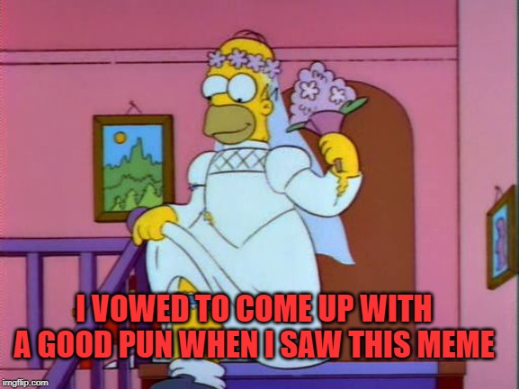 Homer Simpson Wedding Dress | I VOWED TO COME UP WITH A GOOD PUN WHEN I SAW THIS MEME | image tagged in homer simpson wedding dress | made w/ Imgflip meme maker