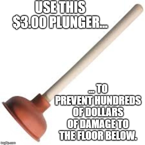 Plunger | USE THIS $3.00 PLUNGER... ... TO PREVENT HUNDREDS OF DOLLARS OF DAMAGE TO THE FLOOR BELOW. | image tagged in plunger | made w/ Imgflip meme maker