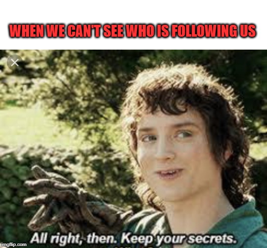 The burning curiosity! | WHEN WE CAN'T SEE WHO IS FOLLOWING US | image tagged in all right then keep your secrets,nixieknox,memes | made w/ Imgflip meme maker
