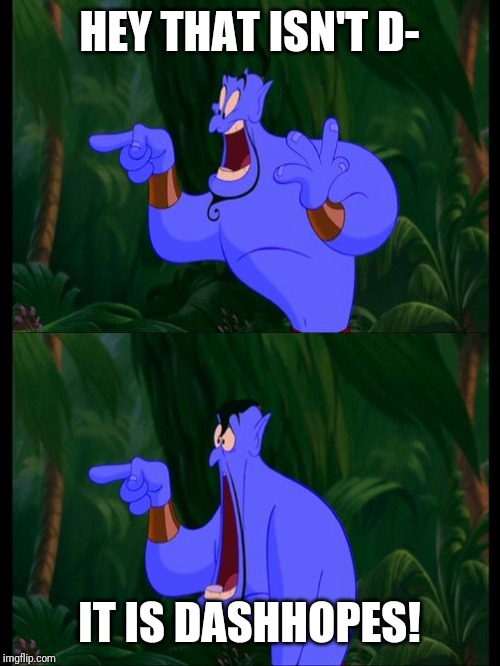 Aladdin Surprised Genie Jaw Drop | HEY THAT ISN'T D- IT IS DASHHOPES! | image tagged in aladdin surprised genie jaw drop | made w/ Imgflip meme maker