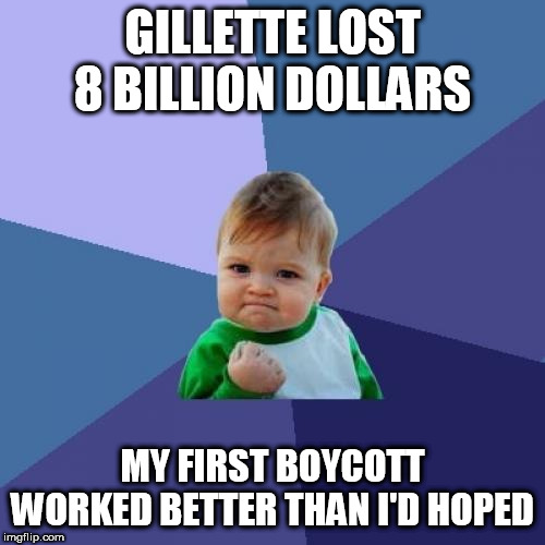 Success Kid Meme | GILLETTE LOST 8 BILLION DOLLARS; MY FIRST BOYCOTT WORKED BETTER THAN I'D HOPED | image tagged in memes,success kid | made w/ Imgflip meme maker