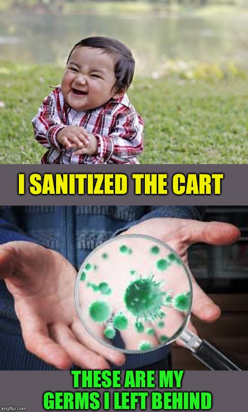 I SANITIZED THE CART THESE ARE MY GERMS I LEFT BEHIND | image tagged in memes,evil toddler | made w/ Imgflip meme maker