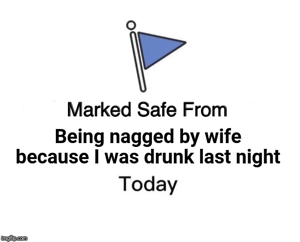 Marked Safe From | Being nagged by wife because I was drunk last night | image tagged in memes,marked safe from | made w/ Imgflip meme maker