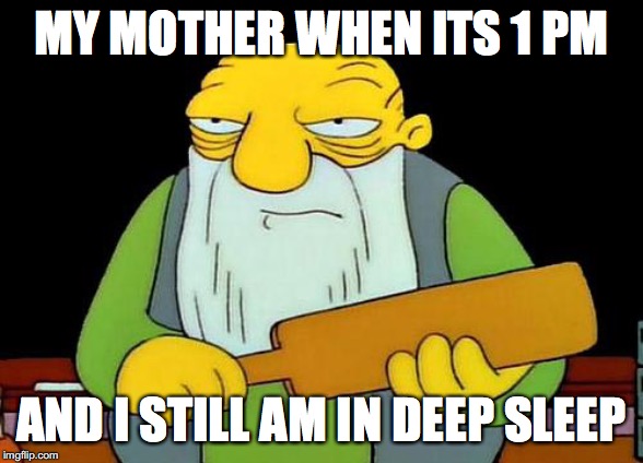 That's a paddlin' Meme | MY MOTHER WHEN ITS 1 PM; AND I STILL AM IN DEEP SLEEP | image tagged in memes,that's a paddlin' | made w/ Imgflip meme maker