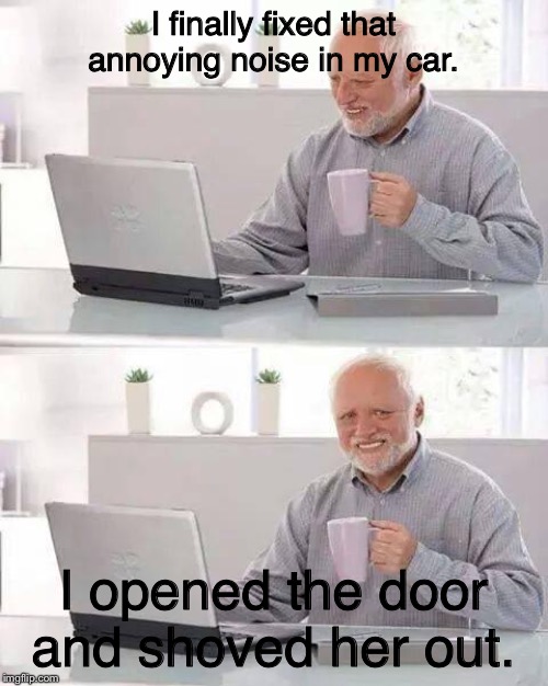 Hide the Pain Harold Meme | I finally fixed that annoying noise in my car. I opened the door and shoved her out. | image tagged in memes,hide the pain harold | made w/ Imgflip meme maker