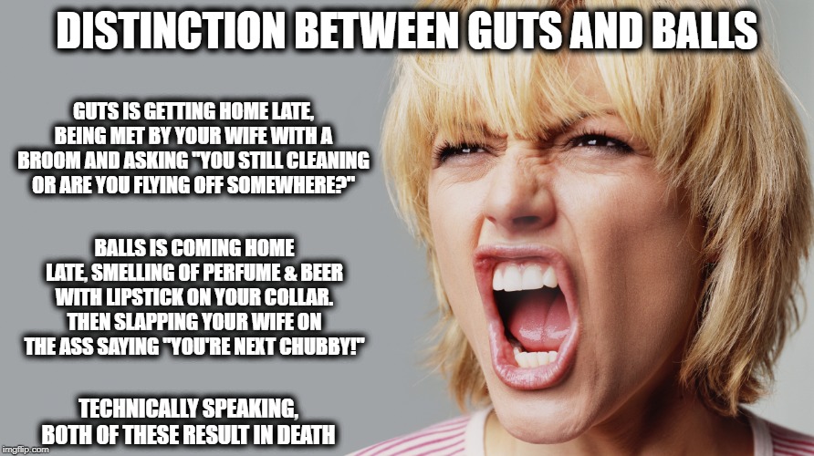 Distinction Between Guts & Balls | DISTINCTION BETWEEN GUTS AND BALLS; GUTS IS GETTING HOME LATE, BEING MET BY YOUR WIFE WITH A BROOM AND ASKING "YOU STILL CLEANING OR ARE YOU FLYING OFF SOMEWHERE?"; BALLS IS COMING HOME LATE, SMELLING OF PERFUME & BEER WITH LIPSTICK ON YOUR COLLAR. THEN SLAPPING YOUR WIFE ON THE ASS SAYING "YOU'RE NEXT CHUBBY!"; TECHNICALLY SPEAKING, BOTH OF THESE RESULT IN DEATH | image tagged in angry woman,balls,guts,funny,funny memes,funny meme | made w/ Imgflip meme maker