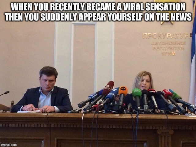 Natalia Poklonskaya Behind Microphones | WHEN YOU RECENTLY BECAME A VIRAL SENSATION THEN YOU SUDDENLY APPEAR YOURSELF ON THE NEWS | image tagged in memes,russia,viral meme | made w/ Imgflip meme maker