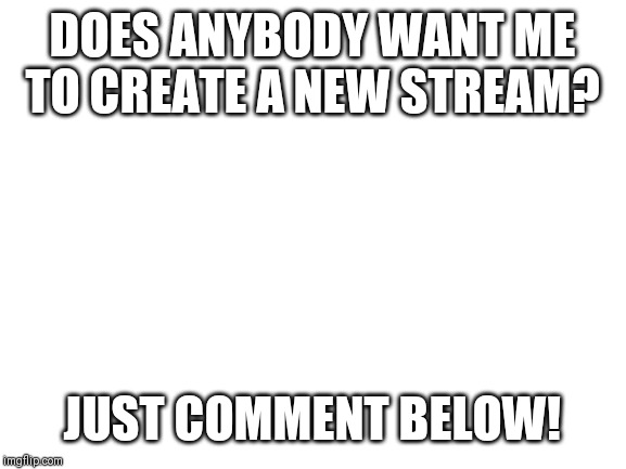 Blank White Template | DOES ANYBODY WANT ME TO CREATE A NEW STREAM? JUST COMMENT BELOW! | image tagged in blank white template | made w/ Imgflip meme maker