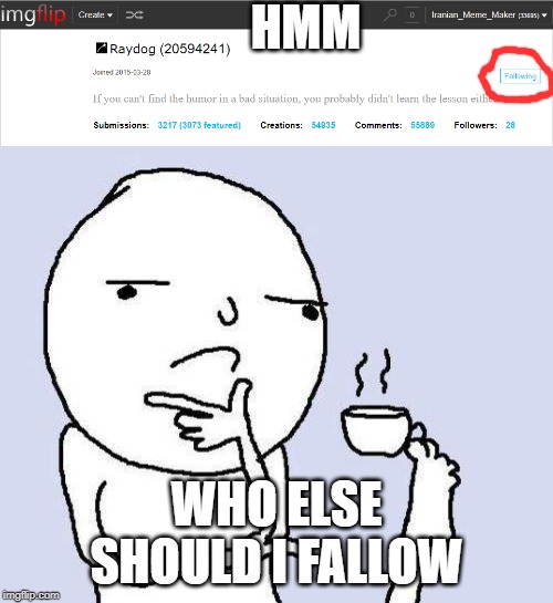 HMM; WHO ELSE SHOULD I FALLOW | image tagged in thinking meme | made w/ Imgflip meme maker