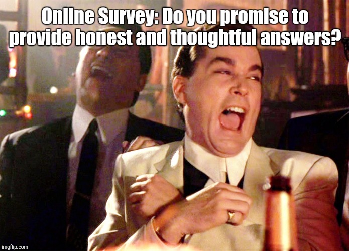 Good Fellas Hilarious Meme | Online Survey: Do you promise to provide honest and thoughtful answers? | image tagged in memes,good fellas hilarious | made w/ Imgflip meme maker