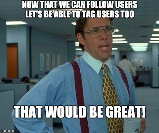 Tag! | NOW THAT WE CAN FOLLOW USERS LET'S BE ABLE TO TAG USERS TOO; THAT WOULD BE GREAT! | image tagged in that would be great,funny,fun,lol,funny memes,social media | made w/ Imgflip meme maker