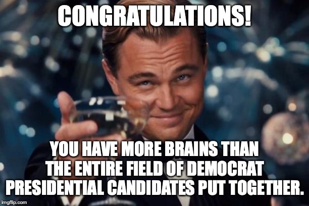 Leonardo Dicaprio Cheers Meme | CONGRATULATIONS! YOU HAVE MORE BRAINS THAN THE ENTIRE FIELD OF DEMOCRAT PRESIDENTIAL CANDIDATES PUT TOGETHER. | image tagged in memes,leonardo dicaprio cheers | made w/ Imgflip meme maker