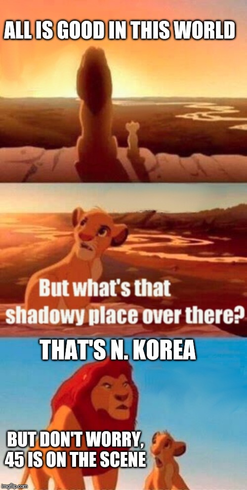 Simba Shadowy Place | ALL IS GOOD IN THIS WORLD; THAT'S N. KOREA; BUT DON'T WORRY, 45 IS ON THE SCENE | image tagged in memes,simba shadowy place | made w/ Imgflip meme maker