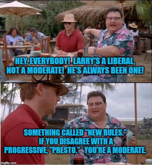 See Nobody Cares | HEY, EVERYBODY!  LARRY'S A LIBERAL, NOT A MODERATE!  HE'S ALWAYS BEEN ONE! SOMETHING CALLED "NEW RULES."  IF YOU DISAGREE WITH A PROGRESSIVE, "PRESTO."   YOU'RE A MODERATE. | image tagged in memes,see nobody cares | made w/ Imgflip meme maker