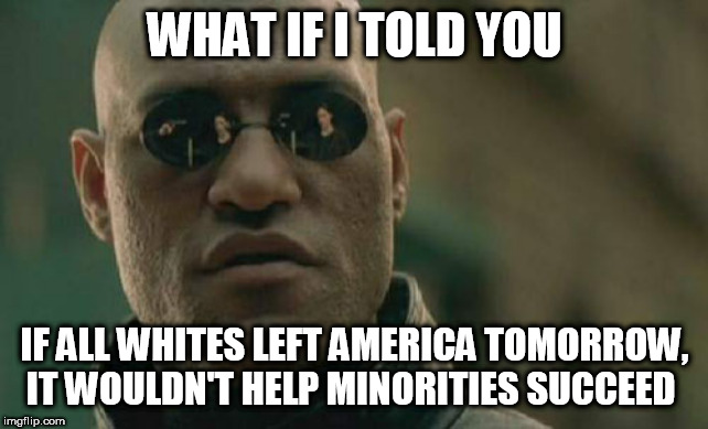 Matrix Morpheus | WHAT IF I TOLD YOU; IF ALL WHITES LEFT AMERICA TOMORROW, IT WOULDN'T HELP MINORITIES SUCCEED | image tagged in memes,matrix morpheus | made w/ Imgflip meme maker
