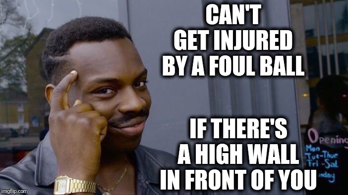Roll Safe Think About It Meme | CAN'T GET INJURED BY A FOUL BALL IF THERE'S A HIGH WALL IN FRONT OF YOU | image tagged in memes,roll safe think about it | made w/ Imgflip meme maker