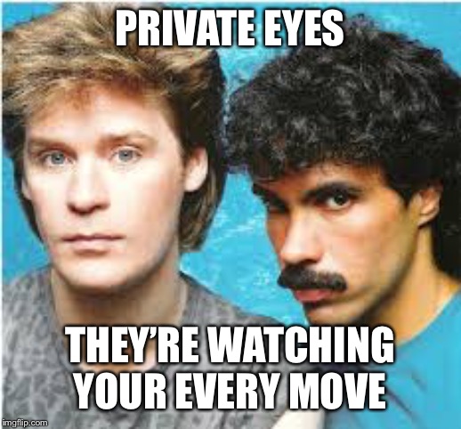 Hall and Oates | PRIVATE EYES THEY’RE WATCHING YOUR EVERY MOVE | image tagged in hall and oates | made w/ Imgflip meme maker