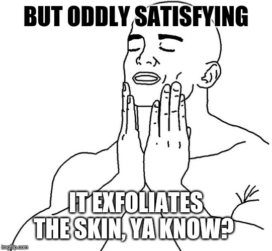 Satisfaction | BUT ODDLY SATISFYING IT EXFOLIATES THE SKIN, YA KNOW? | image tagged in satisfaction | made w/ Imgflip meme maker