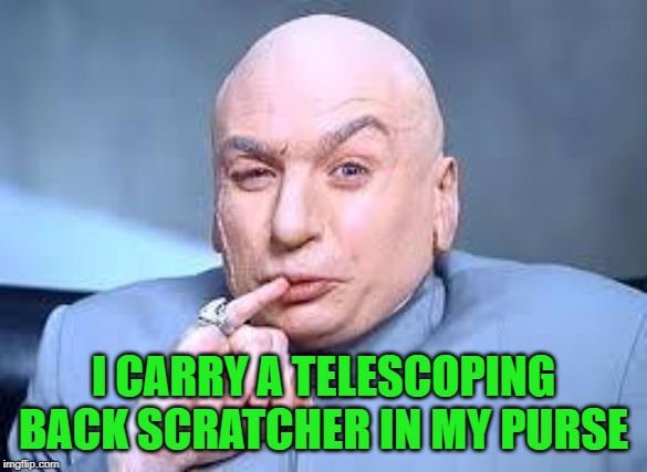 dr evil pinky | I CARRY A TELESCOPING BACK SCRATCHER IN MY PURSE | image tagged in dr evil pinky | made w/ Imgflip meme maker