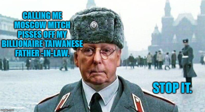 Moscow Mitch | CALLING ME MOSCOW MITCH PISSES OFF MY BILLIONAIRE TAIWANESE FATHER -IN-LAW. STOP IT. | image tagged in moscow mitch | made w/ Imgflip meme maker