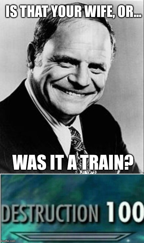 Destruction 100 | IS THAT YOUR WIFE, OR... WAS IT A TRAIN? | image tagged in destruction 100,memes,don rickles | made w/ Imgflip meme maker