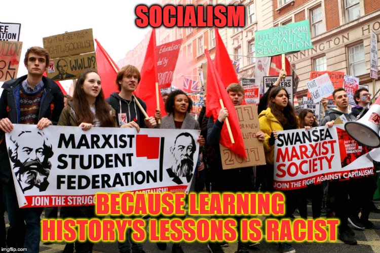 Brainwashed American Marxists who were fake history by fake educators. | SOCIALISM; BECAUSE LEARNING HISTORY'S LESSONS IS RACIST | image tagged in marxists,leninists,socialists,idiots | made w/ Imgflip meme maker
