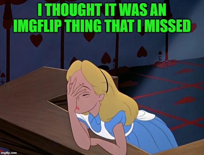 Alice in Wonderland Face Palm Facepalm | I THOUGHT IT WAS AN IMGFLIP THING THAT I MISSED | image tagged in alice in wonderland face palm facepalm | made w/ Imgflip meme maker