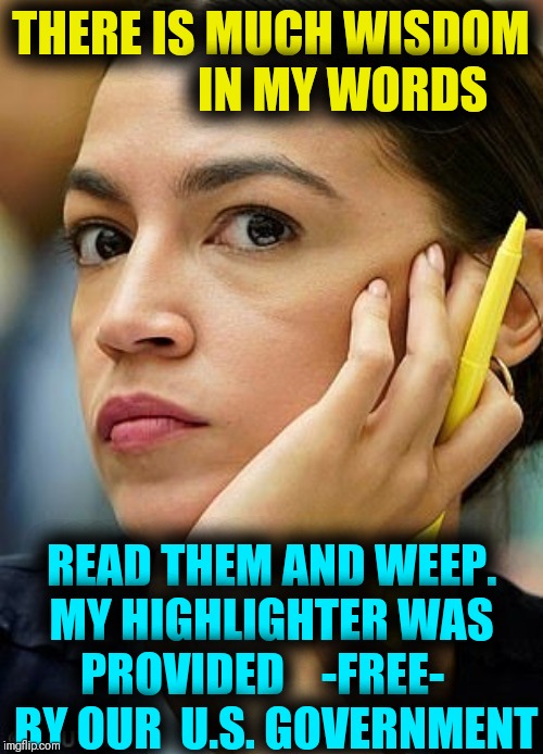 My Genius is Obvious to Annie with a Brain. I have never met her, but I await that moment | THERE IS MUCH WISDOM                IN MY WORDS; READ THEM AND WEEP. MY HIGHLIGHTER WAS PROVIDED    -FREE-    BY OUR  U.S. GOVERNMENT | image tagged in vince vance,alexandria ocasio-cortez,aoc,yellow highlighter,deep thoughts,annie versus any | made w/ Imgflip meme maker