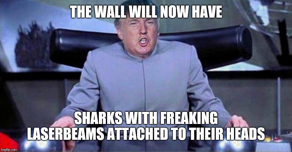 Donald Trump Dr. Evil | THE WALL WILL NOW HAVE; SHARKS WITH FREAKING LASERBEAMS ATTACHED TO THEIR HEADS | image tagged in donald trump dr evil | made w/ Imgflip meme maker