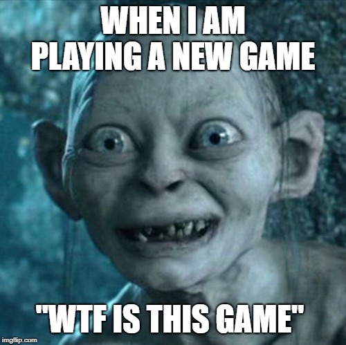 Gollum | WHEN I AM PLAYING A NEW GAME; "WTF IS THIS GAME" | image tagged in memes,gollum | made w/ Imgflip meme maker