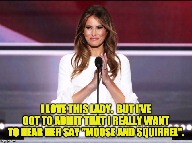 Melania trump meme | I LOVE THIS LADY.  BUT I'VE GOT TO ADMIT THAT I REALLY WANT TO HEAR HER SAY "MOOSE AND SQUIRREL". | image tagged in melania trump meme | made w/ Imgflip meme maker