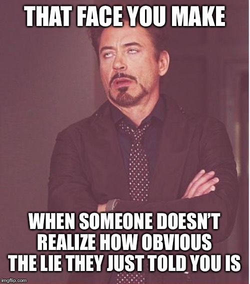 Face You Make Robert Downey Jr Meme | THAT FACE YOU MAKE; WHEN SOMEONE DOESN’T REALIZE HOW OBVIOUS THE LIE THEY JUST TOLD YOU IS | image tagged in memes,face you make robert downey jr | made w/ Imgflip meme maker