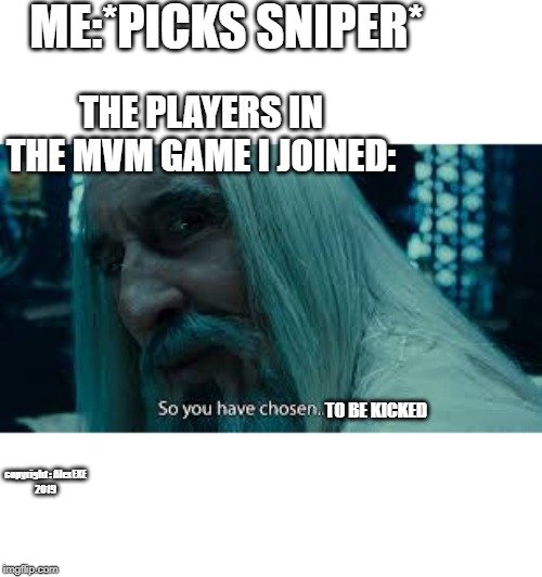 So you have chosen death | ME:*PICKS SNIPER*; THE PLAYERS IN THE MVM GAME I JOINED:; TO BE KICKED; copyright : AlexEXE
2019 | image tagged in so you have chosen death | made w/ Imgflip meme maker