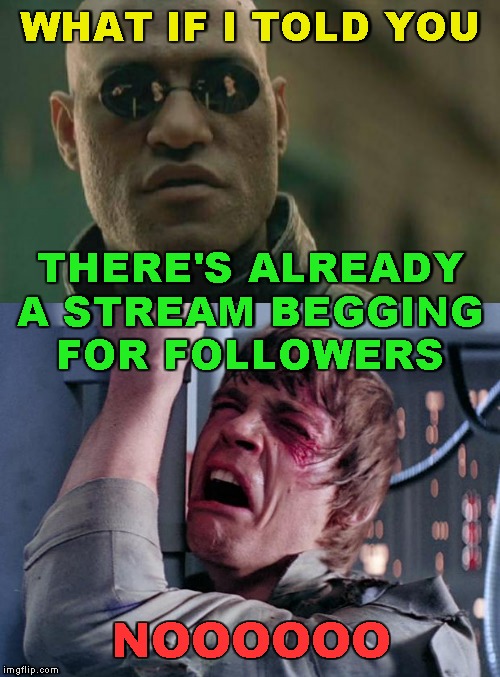 WHAT IF I TOLD YOU NOOOOOO THERE'S ALREADY A STREAM BEGGING
FOR FOLLOWERS | image tagged in memes,matrix morpheus,luke nooooo | made w/ Imgflip meme maker