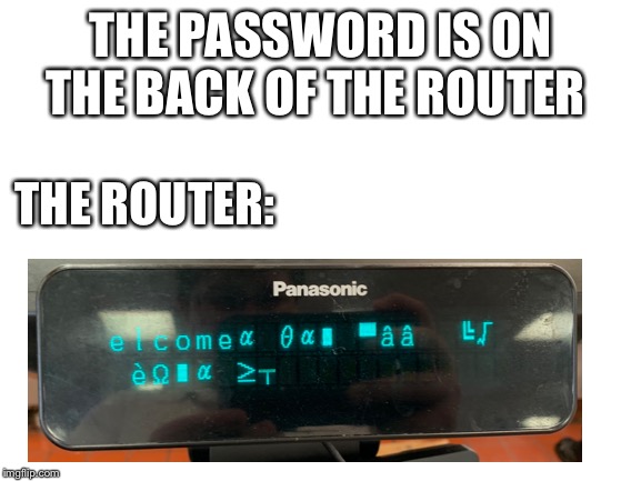 Blank White Template | THE PASSWORD IS ON THE BACK OF THE ROUTER; THE ROUTER: | image tagged in blank white template | made w/ Imgflip meme maker