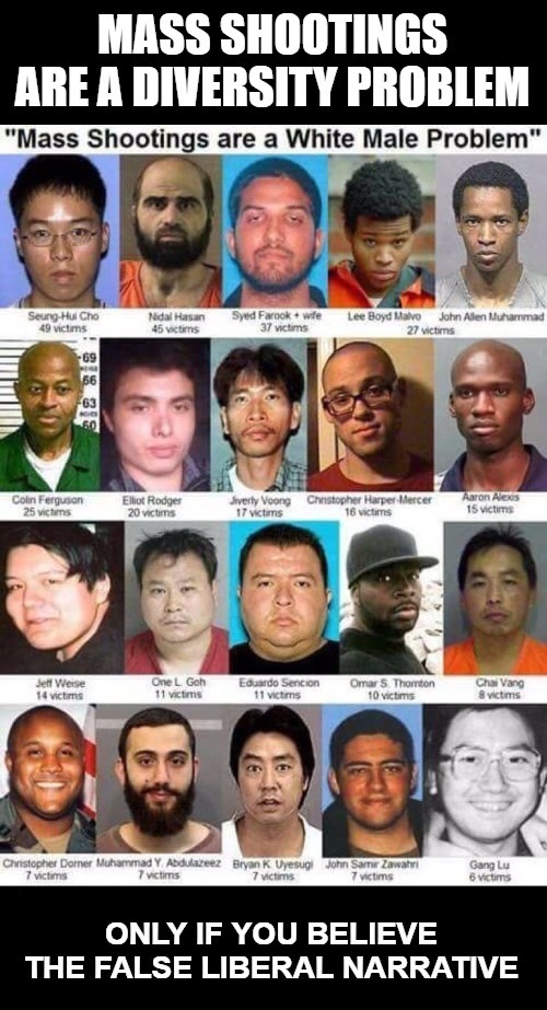 Mass Shootings Are a Diversity Problem | image tagged in false narrative,liberal propaganda,diversity,liberal hypocrisy,mass shootings,officer involved shootings | made w/ Imgflip meme maker