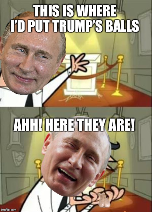 Putin’s trophies | THIS IS WHERE I’D PUT TRUMP’S BALLS; AHH! HERE THEY ARE! | image tagged in memes,this is where i'd put my trophy if i had one,vladimir putin,donald trump | made w/ Imgflip meme maker