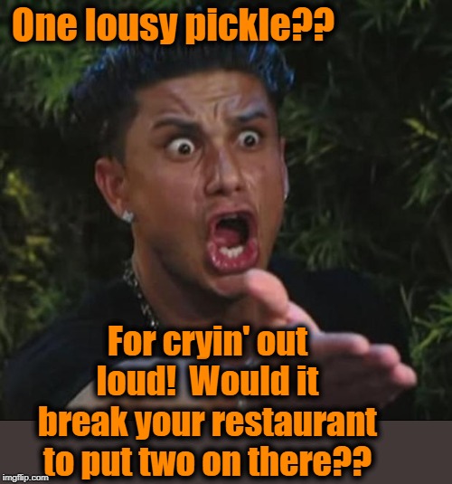 DJ Pauly D Meme | One lousy pickle?? For cryin' out loud!  Would it break your restaurant to put two on there?? | image tagged in memes,dj pauly d | made w/ Imgflip meme maker