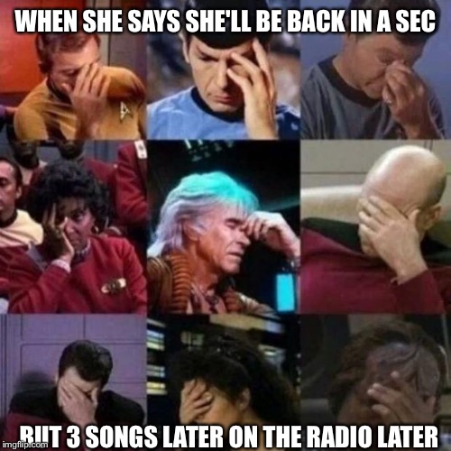 For f sakes Agnes | WHEN SHE SAYS SHE'LL BE BACK IN A SEC; BUT 3 SONGS LATER ON THE RADIO LATER | image tagged in star trek face palm | made w/ Imgflip meme maker