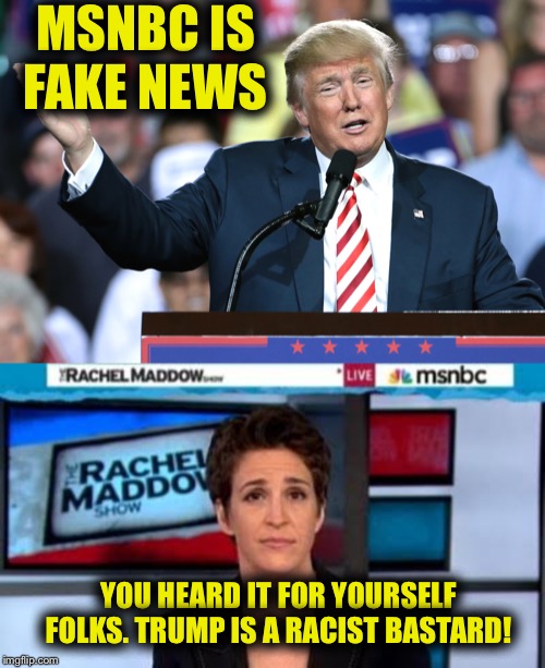 MSNBC IS FAKE NEWS; YOU HEARD IT FOR YOURSELF FOLKS. TRUMP IS A RACIST BASTARD! | image tagged in msnbc news,trump hand | made w/ Imgflip meme maker