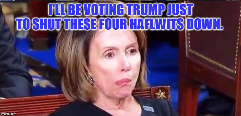 Pelosi teeth | I'LL BE VOTING TRUMP JUST TO SHUT THESE FOUR HAFLWITS DOWN. | image tagged in pelosi teeth | made w/ Imgflip meme maker