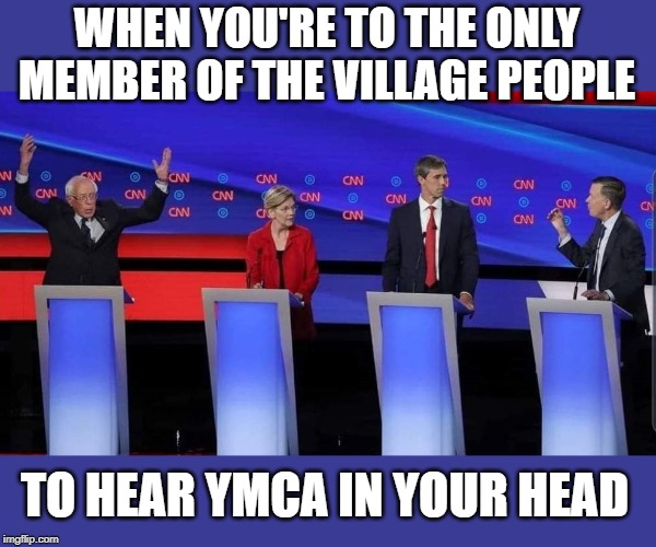 It is scary to think what goes on in his head. | WHEN YOU'RE TO THE ONLY MEMBER OF THE VILLAGE PEOPLE; TO HEAR YMCA IN YOUR HEAD | image tagged in bernie snaders | made w/ Imgflip meme maker