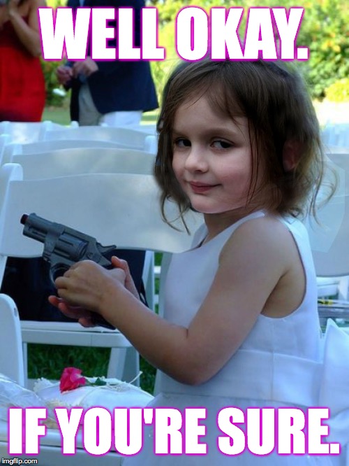 Disaster Girl Gun | WELL OKAY. IF YOU'RE SURE. | image tagged in disaster girl gun | made w/ Imgflip meme maker