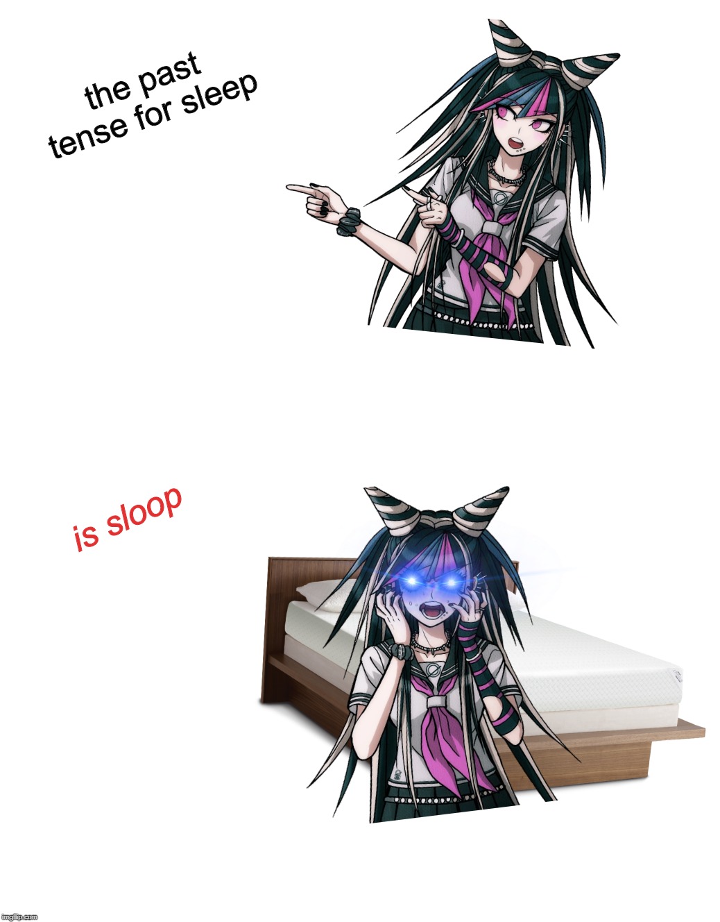 why am i wasting my life making these goddamn danganronpa shitposts | the past tense for sleep; is sloop | image tagged in memes,danganronpa | made w/ Imgflip meme maker